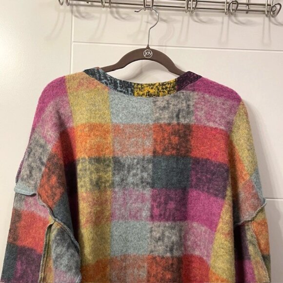 Colorful Plaid Button Front Cardigan Size XXL V-Neck Exposed Seams Casual - Picture 10 of 16